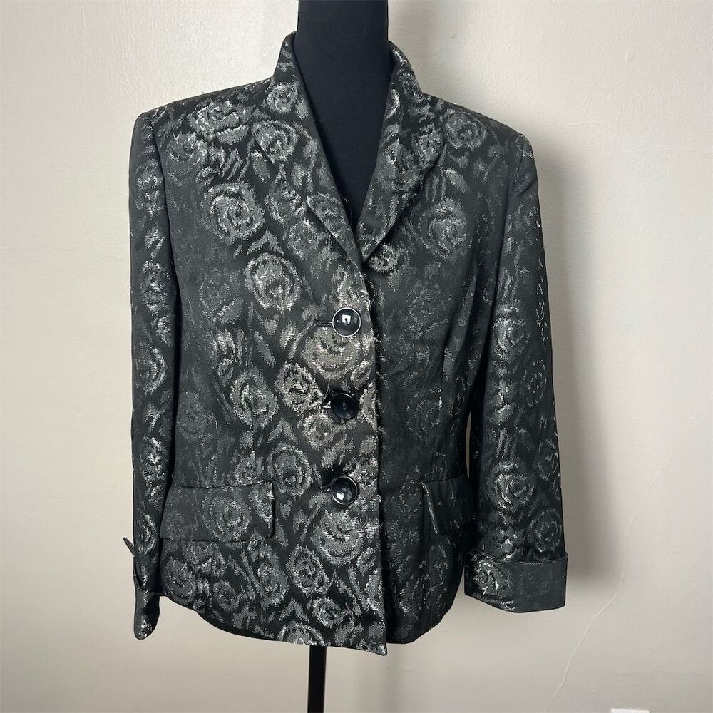 Le Suit Black Metallic Floral Brocade Blazer